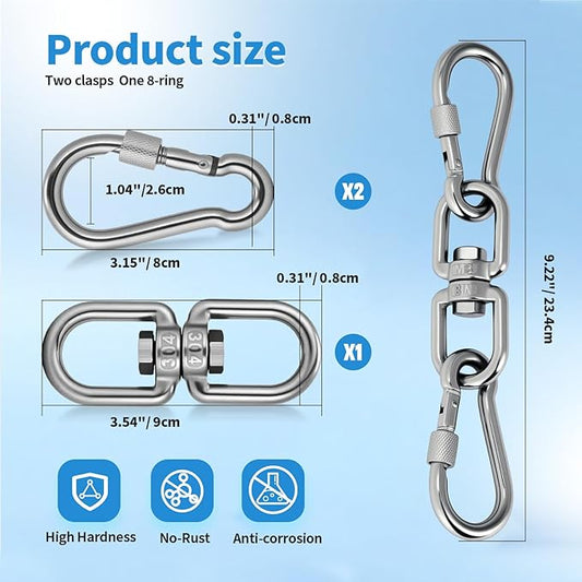 Aheucndg Heavy Duty 1200 lb Capacity Swivel Ring Double Ended Swivel Eye Hook, 304 Stainless Steel 1Pack Swivel Hooks + 2Pack Snap Hook, Easy Installation for Hanging Chair, Hammock, Boxing Bag, Gym