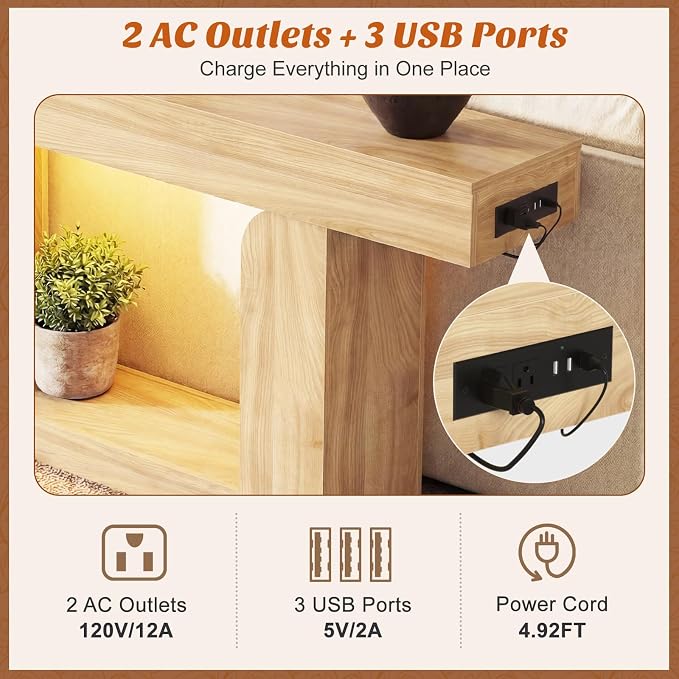 Homieasy Console Table, 63" Entryway Table with LED Lights & Charging Station, Farmhouse Wooden Sofa Table Behind Couch, Narrow Hallway Table for Living Room, Foyer, Entry, Natural Oak