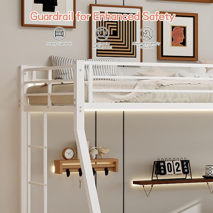 Metal Bunk Bed with Trundle, Space-Saving Bunk Bed Twin Over Full with Ladders and Safety Guardrail, Heavy Duty Twin Bed Frames, No Box Spring Needed and Noise Free(White)
