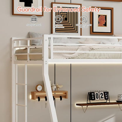 Metal Bunk Bed with Trundle, Space-Saving Bunk Bed Twin Over Full with Ladders and Safety Guardrail, Heavy Duty Twin Bed Frames, No Box Spring Needed and Noise Free(White)