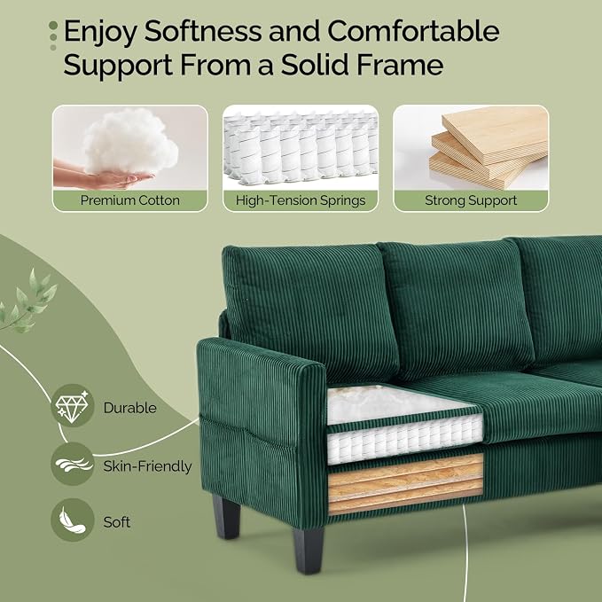 VINGLI 68.5' L Shaped Couch with Movable Storage Ottoman, Convertible Sectional Sofa in Soft Corduroy Fabric, Modern Reversible Chaise Couch for Small Spaces, Apartment, Living Room，Dark Green
