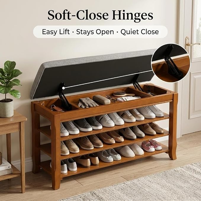Solid Wood Shoe Bench, 47.2'' Shoe Rack for Entryway Storage | 550 lbs Max Load, Flip-Top Soft-Close Lid, Adjustable Shelves, Cushioned Entryway Shoe Rack Organizer, Tool-free Assembly