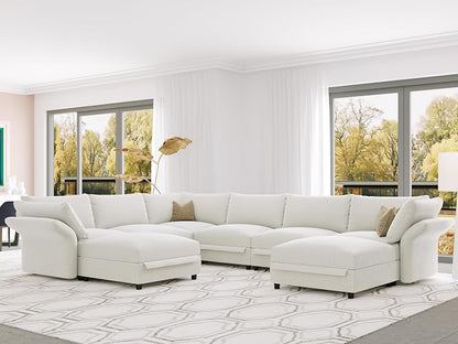 DreamDashio Extra Large Deep Cloud Sectional Sofa, 159" U Shaped Modular Sectional Couches for Living Room with Adjustable Arms Backs, Storage Seat, Thick Plush Cushions, Beige Chenille