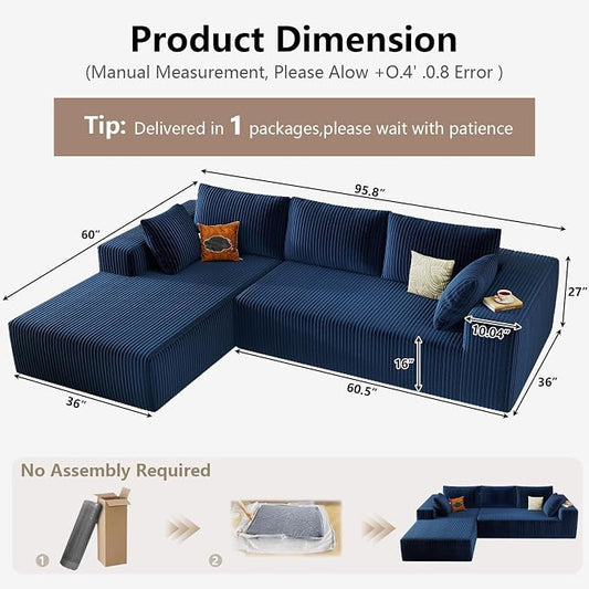 95" Cloud Sectional Couch with L-Shape Chaise, Modular Comfy Sofa Chaise Longue, Upholstered Corduroy Couches Sleeper with Deep Seat for Living Room Bedroom, No Assembly Required(Blue, Left Facing)