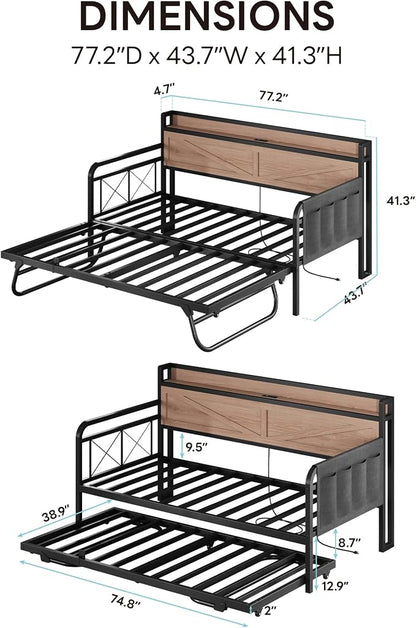 LIKIMIO Twin Daybed, Day Beds with Pop Up Trundle, Storage Headboard with Charging Station, Strong Supports for Apartment and Other Small Space, Wood Color