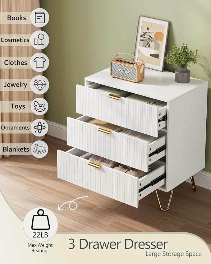 Fluted 3 Drawer Dresser for Bedroom, Modern Storage Bedroom Dresser Chest Cabinet Organizer with Anti-Tip Hardware for Living Room, Dressing Room, Kids Room, Office (White)