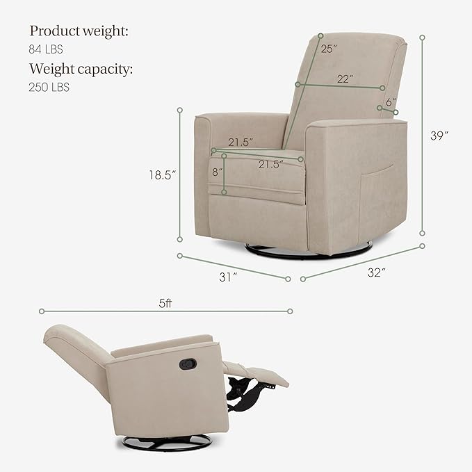 Evolur Raleigh Upholstered Manual Glider Recliner– Rocking & 360° Swivel with Smooth Glide – Greenguard Gold & FSC Certified – Modern Nursery and Living Room Chair in Tan