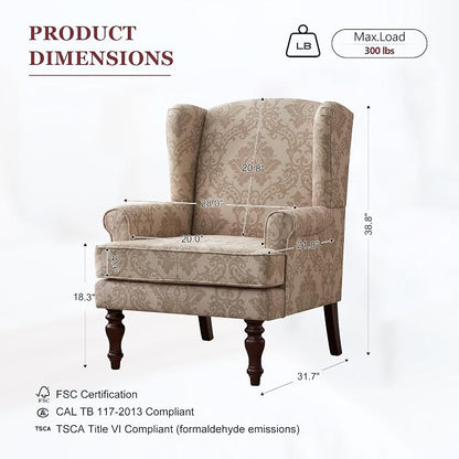 HUIMO Printed Wingback Accent Chair, Linen Upholstered High Back Armchair, Comfy Reading Chair for Living Room Bedroom Study, 300lbs Weight Capacity (1, Brown Floral)