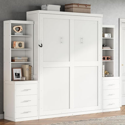 Murphy Bed Queen Size,Murphy Bed with Storage Shelves and Drawers,Wall Bedframe w/Wood Slatk,can be Folded,No Box Spring Needed,for Bedroom Apartment,White