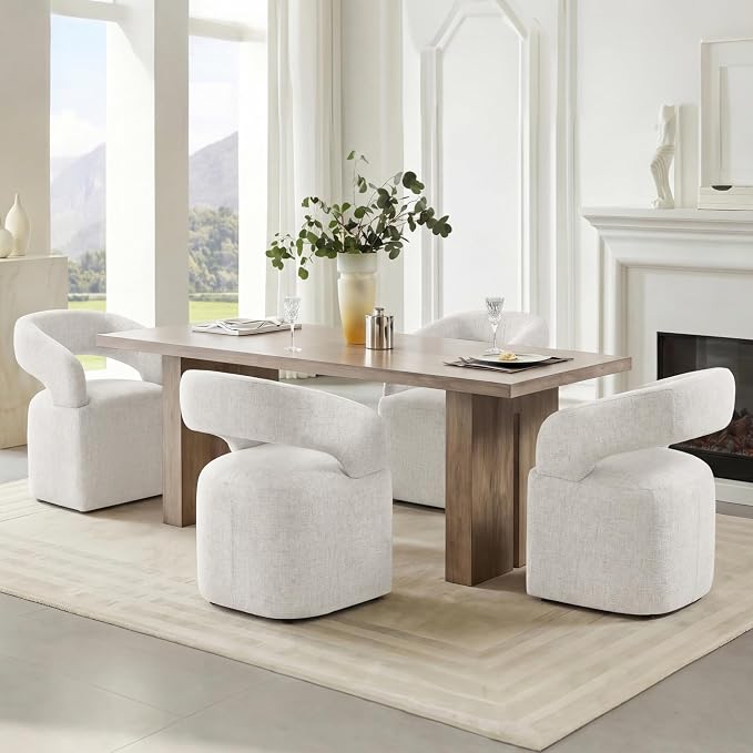 KISLOT Upholstered Dining Chairs Set of 4, Modern Arm Kitchen & Dining Room Chairs with Hidden Casters, Linen Fabric Padded Rolling Chairs, Sturdy Wood Frame, 300 lbs Capacity, Beige