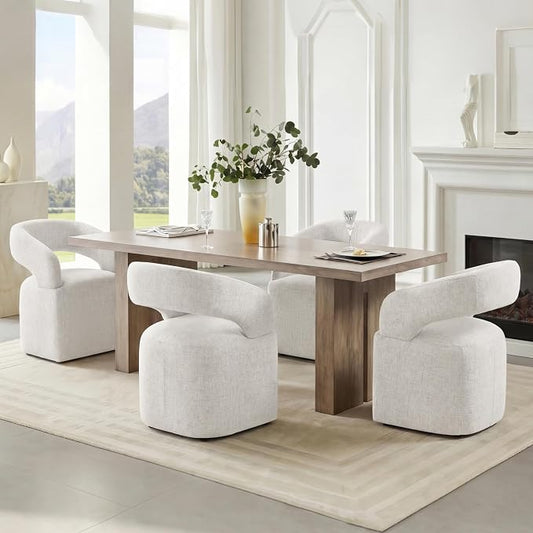 KISLOT Upholstered Dining Chairs Set of 4, Modern Arm Kitchen & Dining Room Chairs with Hidden Casters, Linen Fabric Padded Rolling Chairs, Sturdy Wood Frame, 300 lbs Capacity, Beige