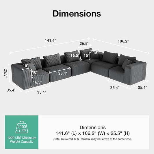 Novilla 141" Modular Sectional Sofa, Modern Cloud Sectional Couch with Smarts Coil® Support, L-Shape Boneless Couch for Living Room Apartments Bedroom, No Assembly Required, Dark Gray (6 Seat)