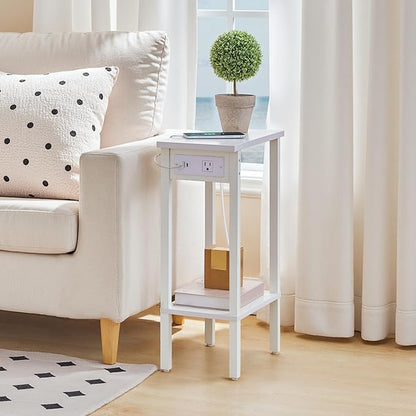 HOOBRO Narrow Side Table, 2-Tier Slim End Table with Charging Station, Skinny Nightstand with Open Storage, for Small Spaces, Living Room, Bedroom, Study, White WT240UBZ01