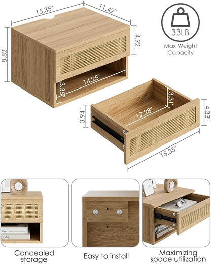 Floating Nightstand, Small Modern Floating Nightstand with Drawer, Floating Shelves for Bedroom, Bathroom (Oak Rattan)