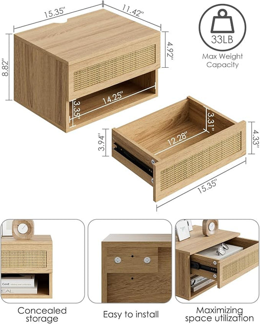 Floating Nightstand, Small Modern Floating Nightstand with Drawer, Floating Shelves for Bedroom, Bathroom (Oak Rattan)