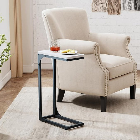 QEEIG Narrow C Shaped Side Table Set of 2 Living Room Sets Slim Couch Tray Tables Skinny Thin Small Modern 7 inch Width, White and Black (017-18WB)