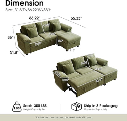 86" Modular Sectional Sleeper Sofa Bed, L Shaped 4 Seat Pull Out Couch with Storage Ottoman, Convertible Cloud Couch Bed, Sectional Couches for Living Room, Apartment (Green)