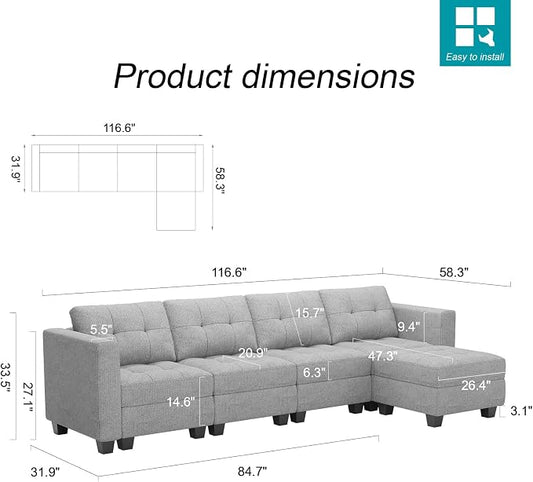 Belffin Light Grey L Shape 5-Seat Modular Sectional Sofa with Storage, Reversible Chaise, Adjustable Backrest, Cotton & Polyester