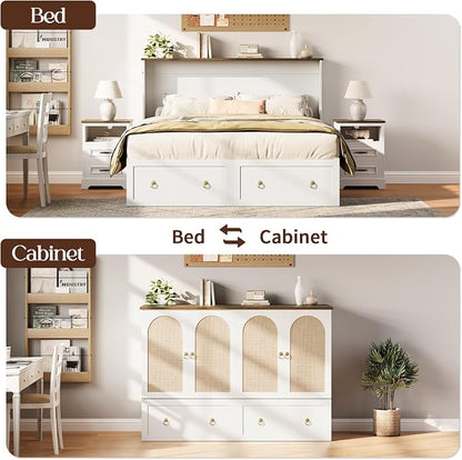 Yoobure Queen Murphy Bed with Charging Station - Rattan Queen Bed Frame with Storage Drawers, Wood Cabinet Beds for Guest Bedroom, Living Room, Office, Farmhouse Hideaway Beds with Foldable Platform