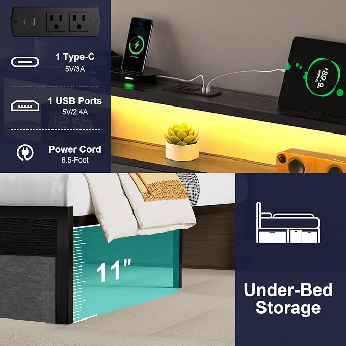 Twin Bed Frames with LED Lights and Charging Station, Platform Bed with Metal Slats, Wood Headboard with 2 Fabric Drawers and Storage Shelves, No Box Spring Needed