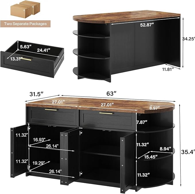 HSH 63 Inch Large Kitchen Island with Storage and Seating, Rustic Brown | Stationary Island Table with Storage Drawers, Cabinets, Oval Open Shelves, Wood Counter Prep Island for Kitchen Dining Room