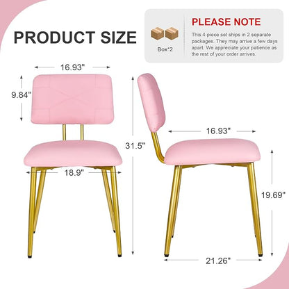 VECELO Dining Chairs Set of 4, Modern Upholstered Kitchen Chairs with Faux Leather Cushion Seat & Metal Legs for Kitchen, Living Room, Tufted Backrest Design, Pink