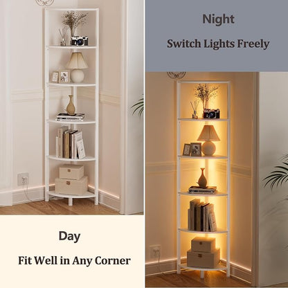 Furnulem 6 Tier Corner Shelf with LED Light, 67.5” Tall Standing Shelf Organizer, White Narrow Bookshelf with Storage Rack for Wall Corner, Living Room, Bedroom, Metal Frame, Wood Display Shelf