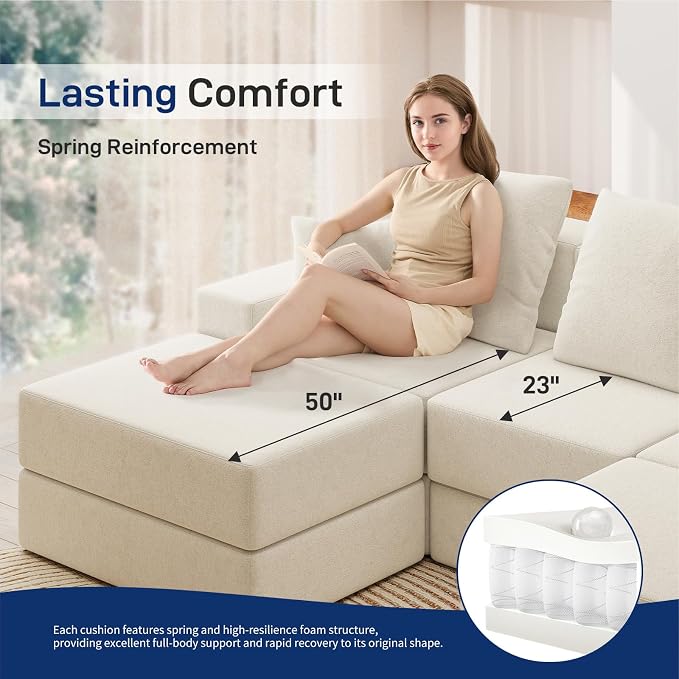 Living&Giving 101" U-Shaped Cloud Sectional Couch for Living Room, Cloud Boneless Couch-No Assembly with Reversible Chaise, Customizable 3-Seat Modular Sectional Sofa with 2 Ottoman, Beige