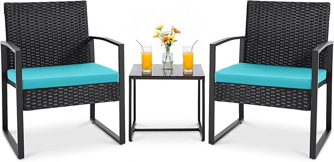 Flamaker Patio Set Outdoor Wicker Furniture, Modern Bistro Set with Rattan Chair and Coffee Table for Yard (Blue)