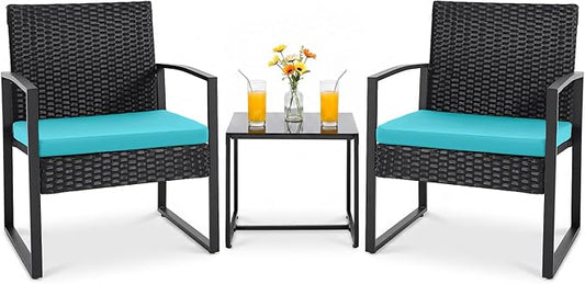 Flamaker Patio Set Outdoor Wicker Furniture, Modern Bistro Set with Rattan Chair and Coffee Table for Yard (Blue)