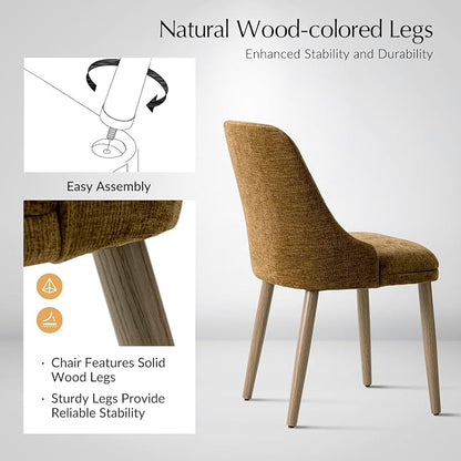 Upholstered Dining Chairs Set of 2, Fabric Dining Room Chairs with Curved Backrest, Solid Wood Legs, Modern Kitchen Chairs for Dining Room Living Room, Golden