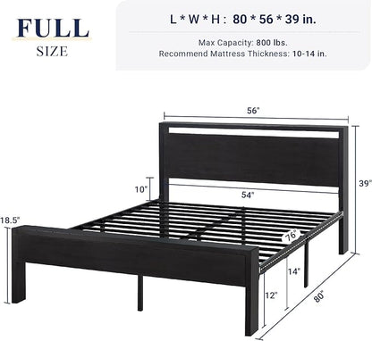 Allewie Full Size Platform Bed Frame with Wooden Headboard and Footboard, Heavy Duty 12 Metal Slats Support, No Box Spring Needed, Under-Bed Storage, Noise Free, Easy Assembly, Black Oak
