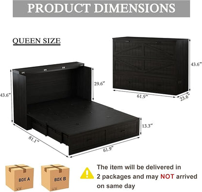 Queen Murphy Bed with Charging Station, Farmhouse Noisy-Free Foldable Cabinet Bed Frame with Storage Drawer, Space Saving Hideaway Wall Bed for Guest Bedroom, Living Room, Office, Black