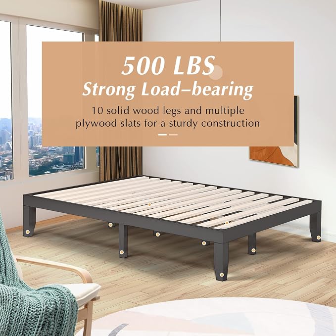 COSTWAY Queen Size Platform Bed Frame, 14 Inches Solid Rubber Wood Bed Mattress Foundation with Sturdy Slats Support, Easy Assembly Bed Frame for Home Hotel, No Box Spring Needed (Espresso, Queen)