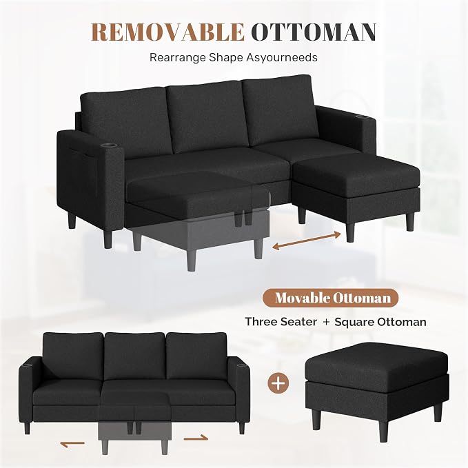 Luxanimarion Upholstered Sectional Sofa and Couches, 78'' L Shaped 3-seat Sofa forLiving Room, Apartment,Lounge,Bedroom-Washable Covers Convertible Sofas(Linen Fabric,Black)
