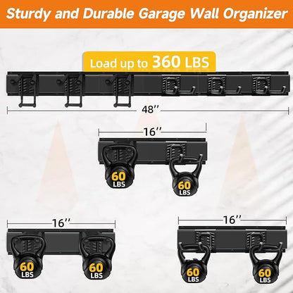 Garage Tool Organizer Wall Mount, Heavy Duty 48 Inches Garage Organization and Storage Racks for Yard Tools with 6 Hooks, Tool Hangers Holders for Hanging Folding Chair, Rake and Shovel