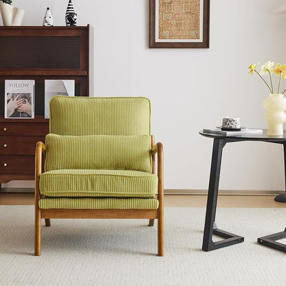 VINGLI Upgraded Premium Corduroy Accent Chair,Upholstered Arm Chair,Solid Wood Comfy Reading Chair with Pillow, Mid Century Modern Chairs for Living Room,Bedroom,Guest Room,Green
