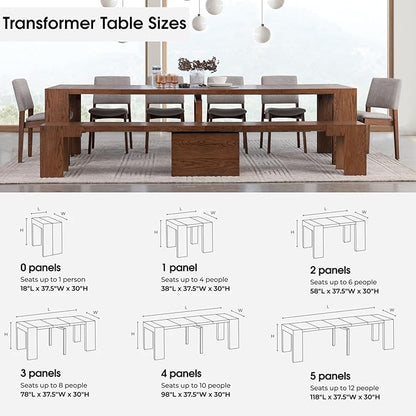 Transformer Table - Solid Wood Extendable Dining Table, Seats 2-12, Expandable Dining Room Table, Space-Saving Furniture, Kitchen and Dining Room Furniture (Brown, Table + Coffee Table)