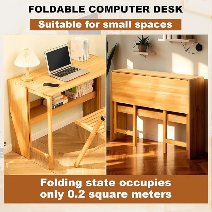 Bamboo Foldable Desk, 41" Folding Bamboo Desk for Small Spaces, Mid Century Small Computer Desks with Bookshelf, Wooden Desks for Home Bedroom Study Office, Primary Color