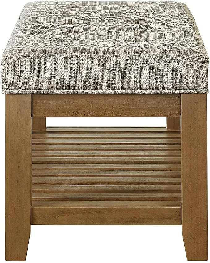 24KF Large Rectangular Upholstered Tufted Linen Fabric Ottoman Bench, Padded Bench with Solid Wood Shelf-Linen