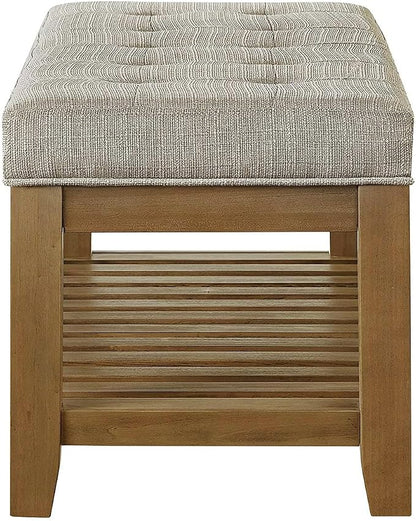 24KF Large Rectangular Upholstered Tufted Linen Fabric Ottoman Bench, Padded Bench with Solid Wood Shelf-Linen