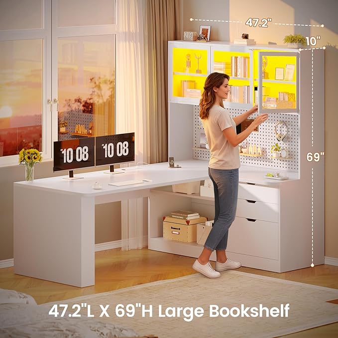 SEDETA L Shaped Computer Desk, L Shaped Corner Gaming Desk with 3 Wood Drawer and Large Bookshelf, Home Office Desk with LED Light, Display Cabinet and Pegboard, 27.5" W Large Desktop Table, White