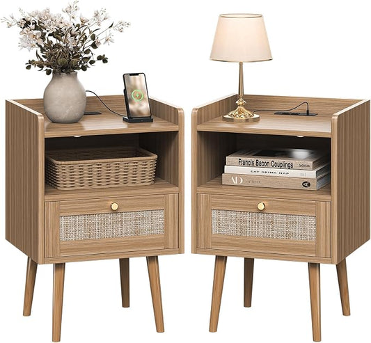 MECHYIN Night Stand Set 2, Nightstands Set of 2 with Charging Station, Rattan Side Tables with Solid Wood Legs, Boho Bedside End Table for Apartment Bedroom Dorm Small Space