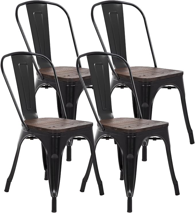 FDW | Metal Dining Chairs with Wooden Seat | Set of 4 | Black | Stackable Tolix Side Chairs with Backrest | Scratch-Resistant | Non-Slip Feet | Indoor/Outdoor Use | 330 lbs | for Dining & Kitchen