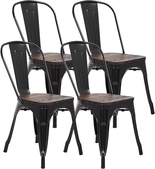 FDW | Metal Dining Chairs with Wooden Seat | Set of 4 | Black | Stackable Tolix Side Chairs with Backrest | Scratch-Resistant | Non-Slip Feet | Indoor/Outdoor Use | 330 lbs | for Dining & Kitchen