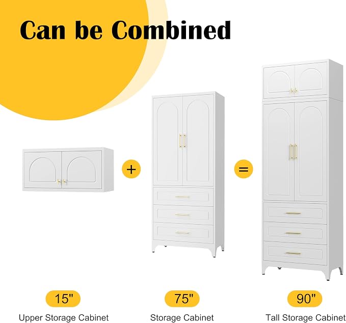 SteeLoong Kitchen Pantry Cabinet，90" Storage Cabinets with Doors and Shelves,Metal Pantry Cabinet with 3 Drawers,White Kitchen Cupboard for Livingroom,Pantry, Bathroom
