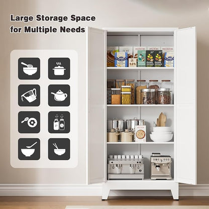 61" Tall Metal Pantry Cabinet, Kitchen Storage Cabinet with 2 Doors and 3 Adjustable Shelves for Kitchen, Living Room, Dining Room, Bathroom and Home, Office (White, 1PC)