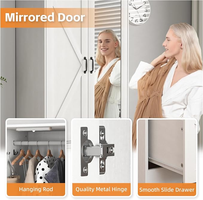 72" Wardrobe Closet with Mirror, Bedroom Armoire with Drawers, Hanging Rod and LED Light, Farmhouse Wooden Clothes Storage Cabinet for Bedroom, Guest Room, Apartment,White