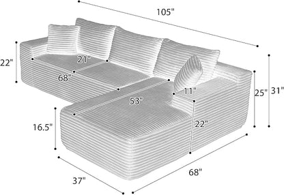 105-Inch L-Shaped Right Facing Corner Compressed Sofa Modular Sectional Boneless Cloud Sofa Floor Foam Couch with Chaise Lounge, Corduroy Corner Boneless Cloud Couch