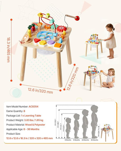 VEVOR Montessori Activity Table for Toddler 1-3 Years Old, 8 in 1 Wooden Learn Activity Desk, Baby Play Table for Boys & Girls Aged 6+ Months, Great Birthday, Christmas, Children's Day Present